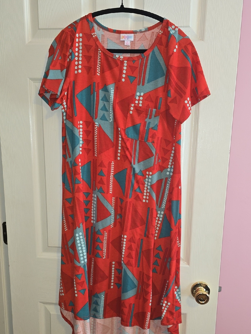 LuLaRoe Red Geometric Carly Red Dress with Teal and White Pattern